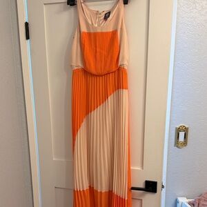 Vince Camuto Orange and Cream Pleated Dress